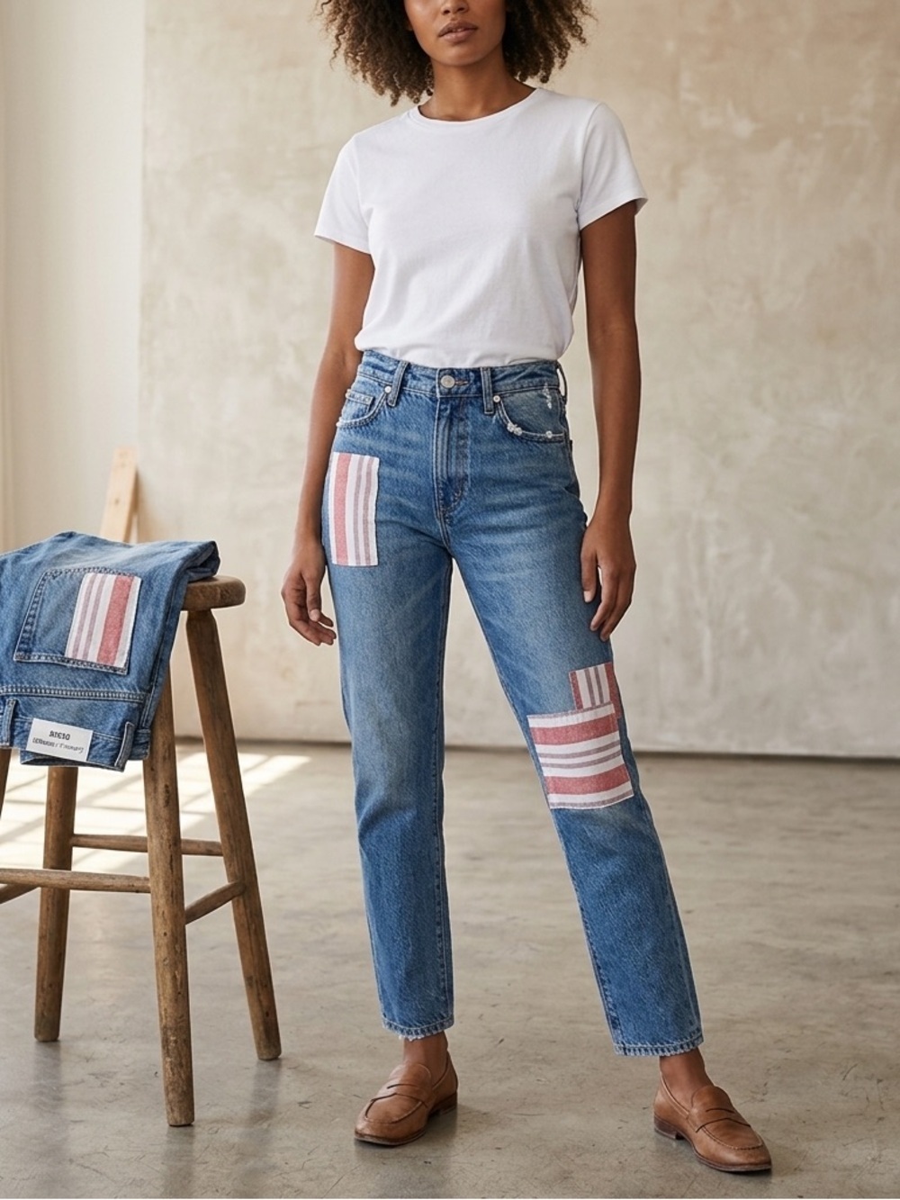 Lovers And Friends Women's Blue Denim Patchwork Straight Leg Jeans Size 27